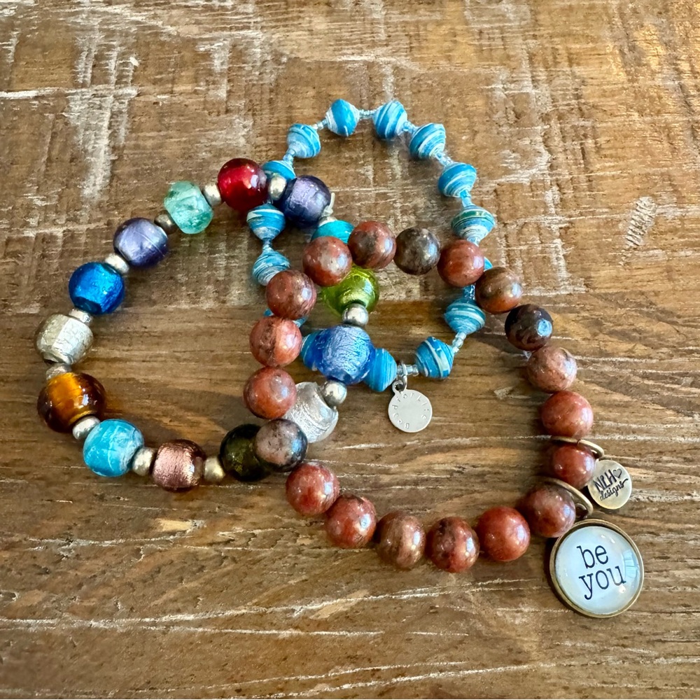 (3) Beaded Bracelet Set includes Multicolor, Blue, & Brown Stackable Bracelets
